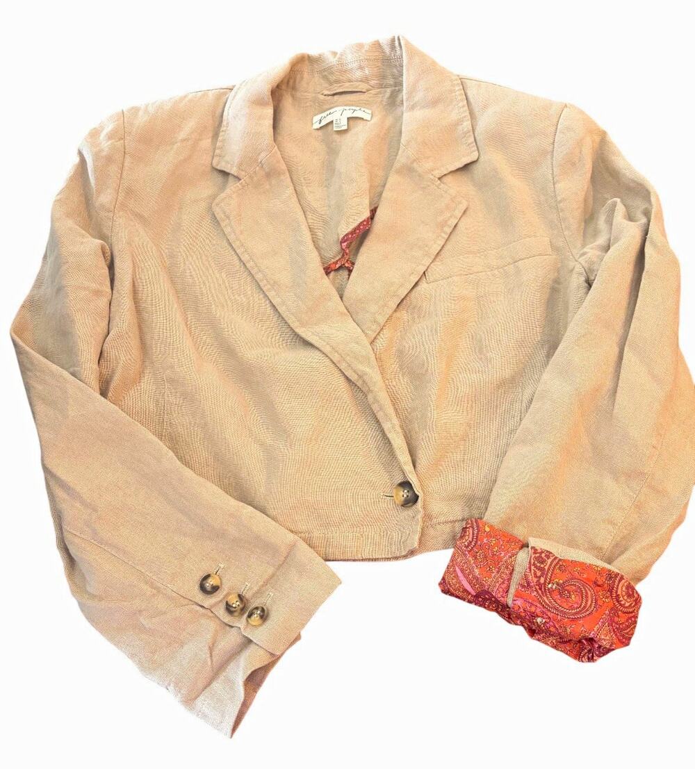 Free People Beige Cropped Blazer Jacket, Paisley Rollable Cuffs, Size 10